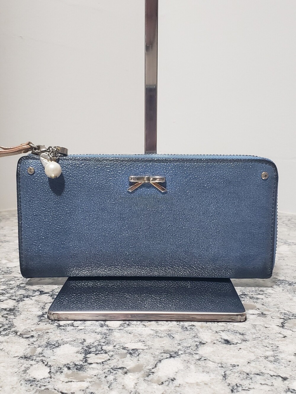Samantha Thavasa Petit Choice Blue 3/4 Zip Around Wallet With Zipper Pull Charm